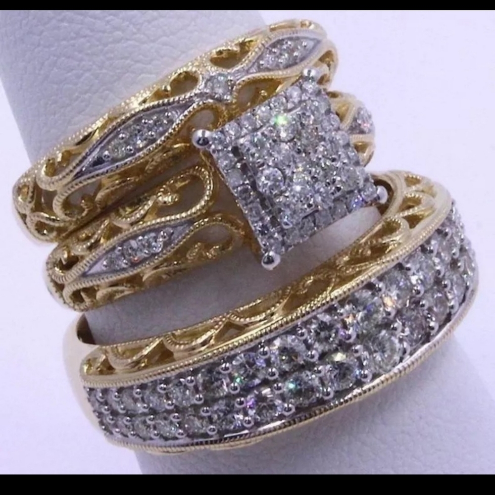 14k gold filled simulated diamond statement 3 ring set sz 8